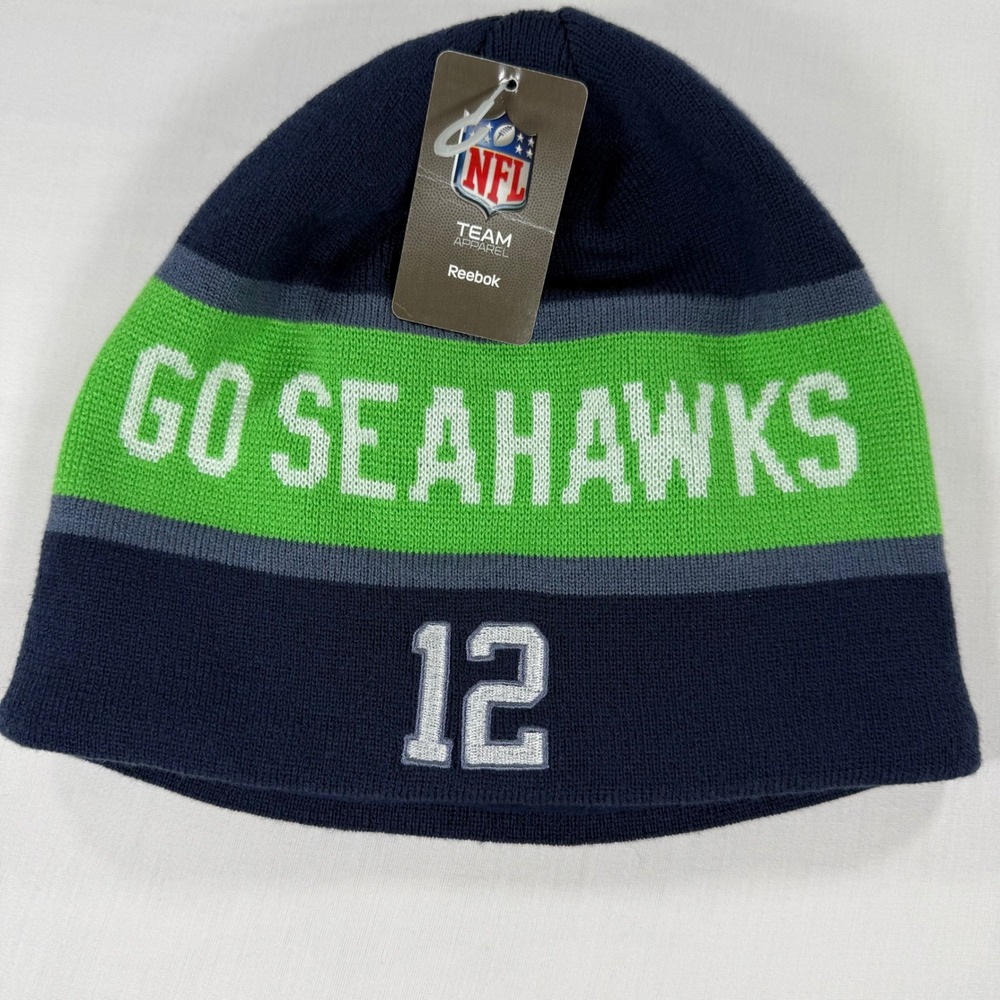 Reebok NFL Seattle Seahawks 12th Man Knit Beanie Hat Navy Blue Green NWT